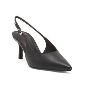 BLACK SUEDE STUDIO Black Leather Pointy Toe Slingback Pumps
